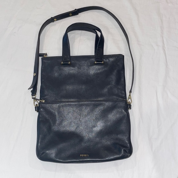Fossil Memoir Anthology Crossbody Foldover Tote Black Leather Purse Shoulder Bag - Picture 2 of 16
